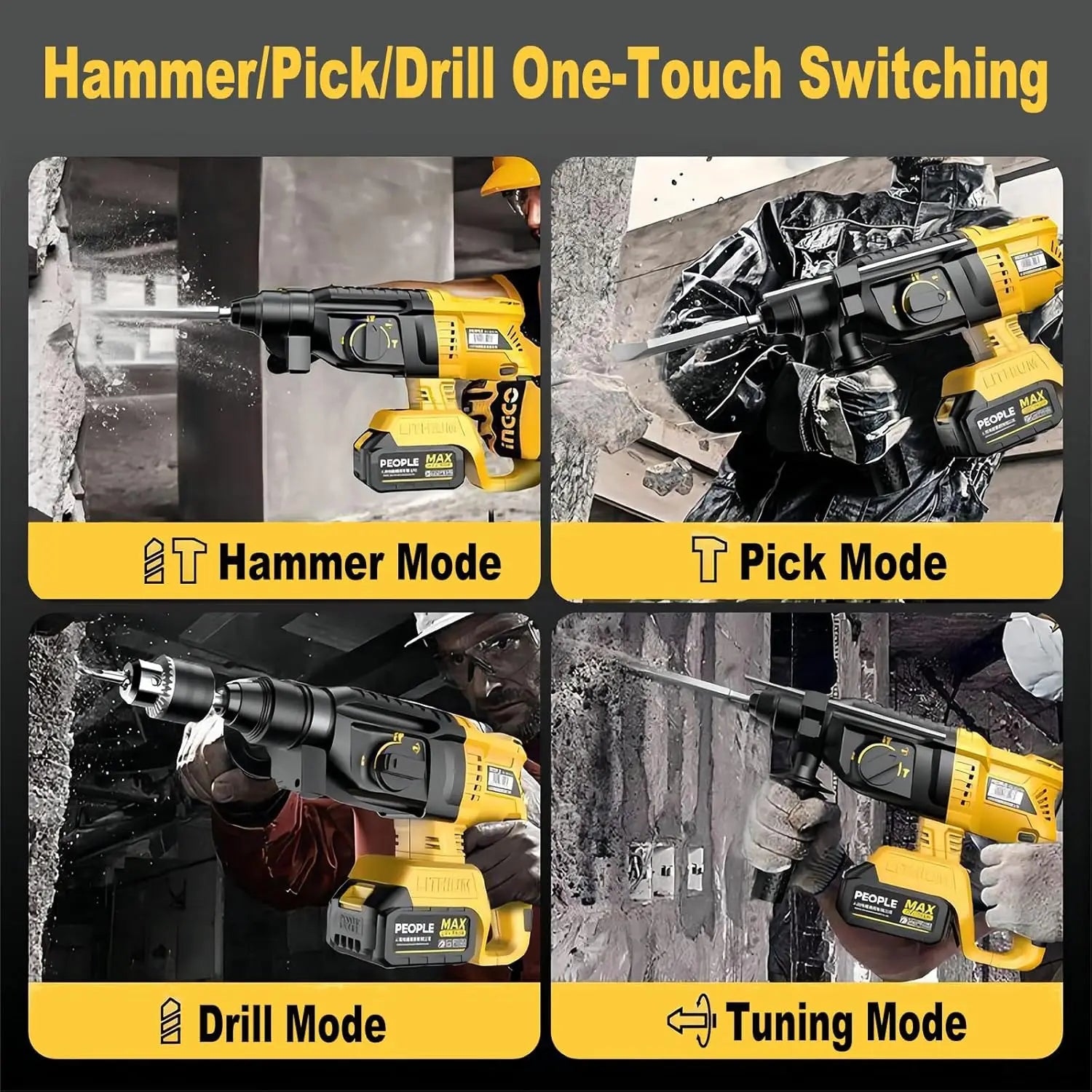 26MM Brushless Electric Hammer Drill Cordless Rotary Hammer High Power Rechargeable Power Tool Multifunctional Impact Drill for Concrete Wood Metal Compatible with Dewalt 18V Battery Home Workshop Construction Use