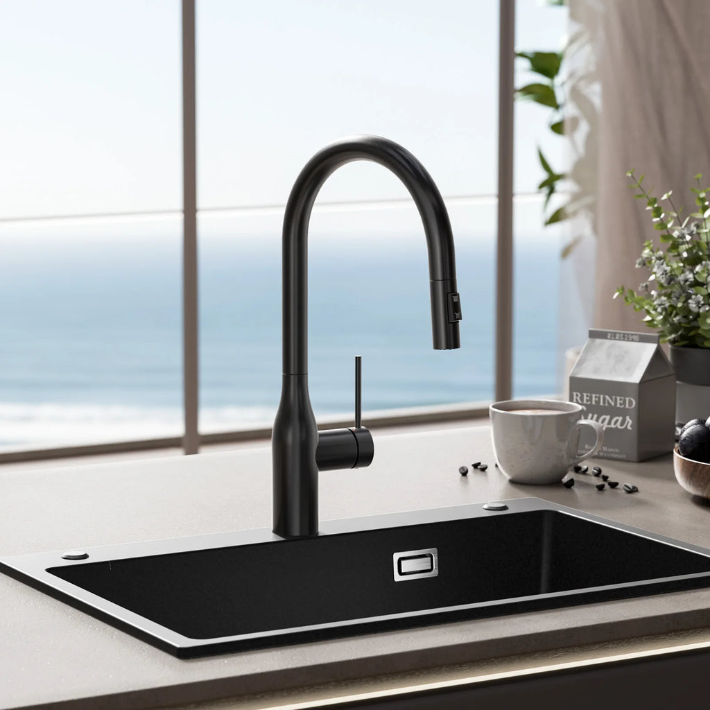 Kitchen Tap Black, Vase Umbrella Shape Pull Down Kitchen Faucet 360 Swivel, 2 Modes Spray Hot Cold Water Mixer, 304 Stainless Steel Sink Mixer, Easy Install DVGW PEX Hose, Standard G3/8 Modern Home Black Water Tap