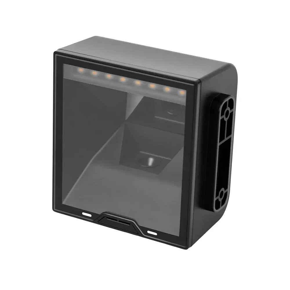 Angled view of embedded barcode scanner showing camera window and side port panel