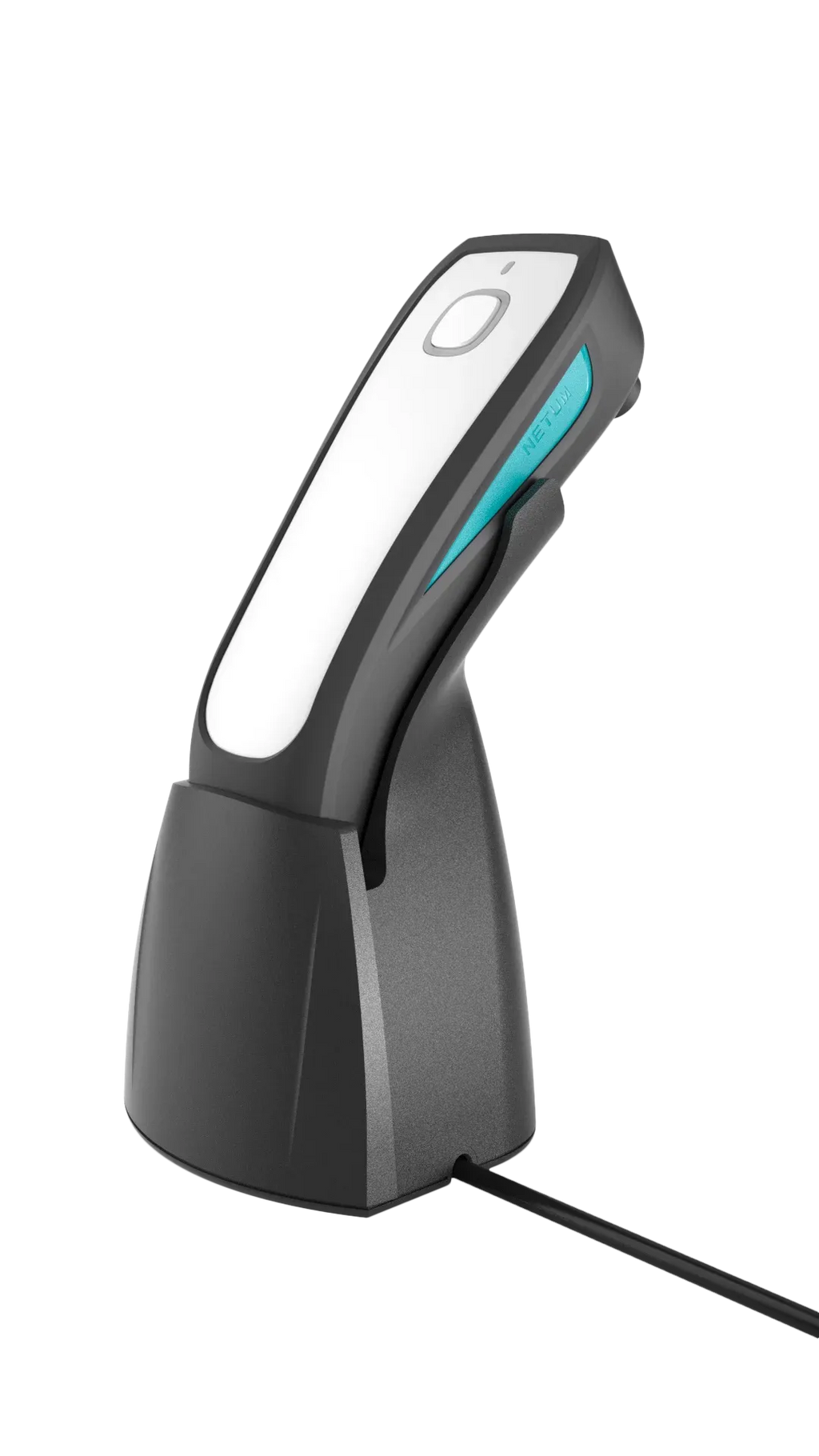 White barcode scanner charging base with black stand and turquoise panel
