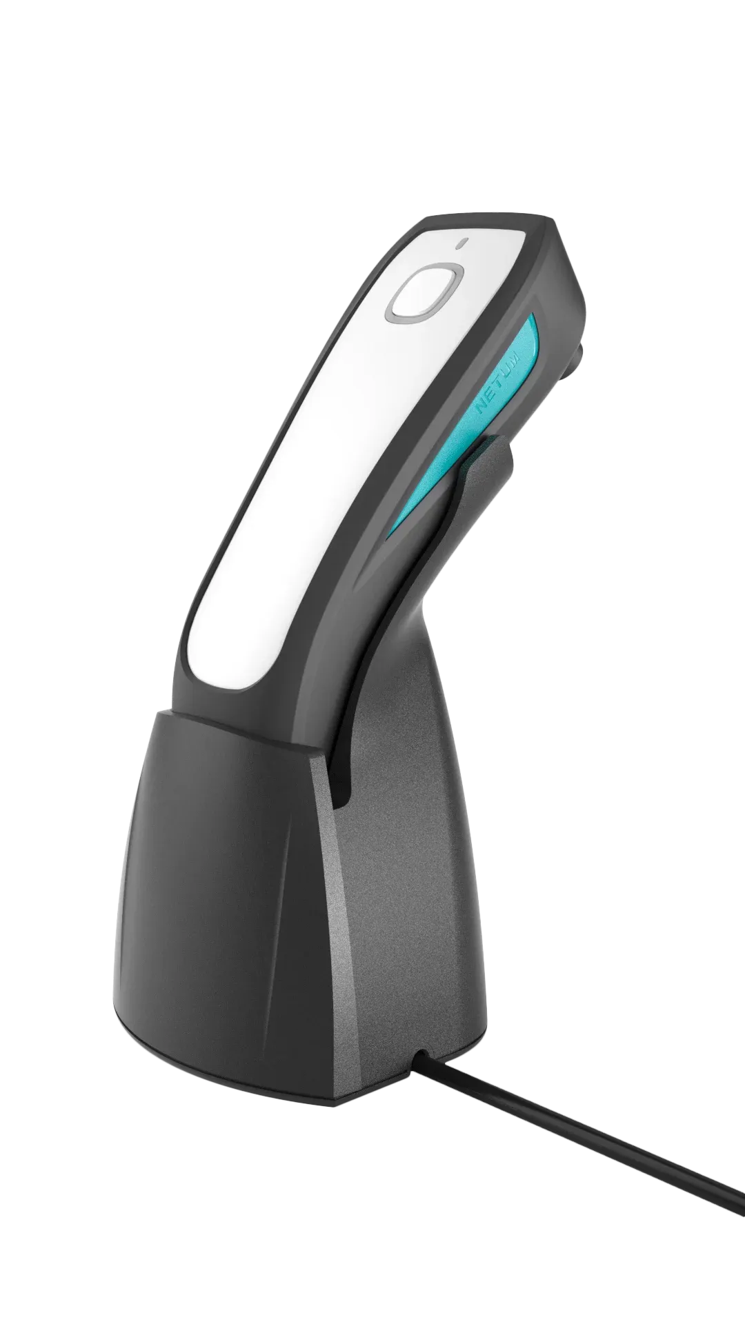 White barcode scanner charging base with black stand and turquoise panel