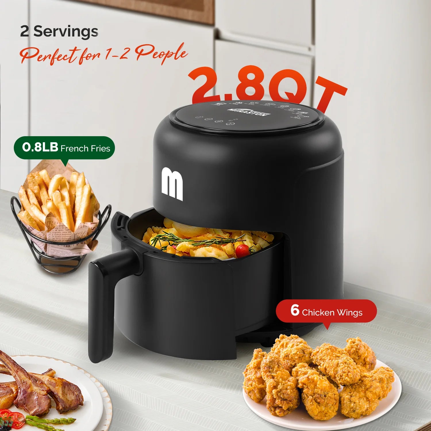 2.8QT Digital Air Fryer, Space-Saving Mini Personal Air Fryers, Nonstick Basket for Dishwasher-Safe, Fast Cooking with 20Pcs