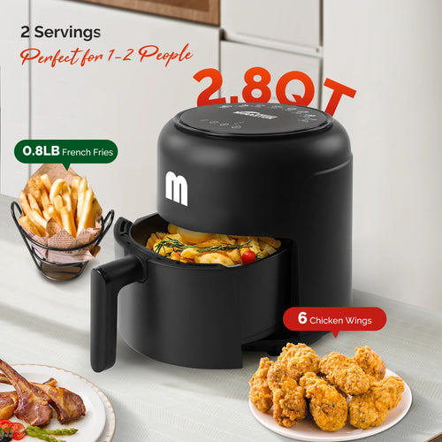 Black 2.8QT digital air fryer with open basket, fries and chicken wings nearby