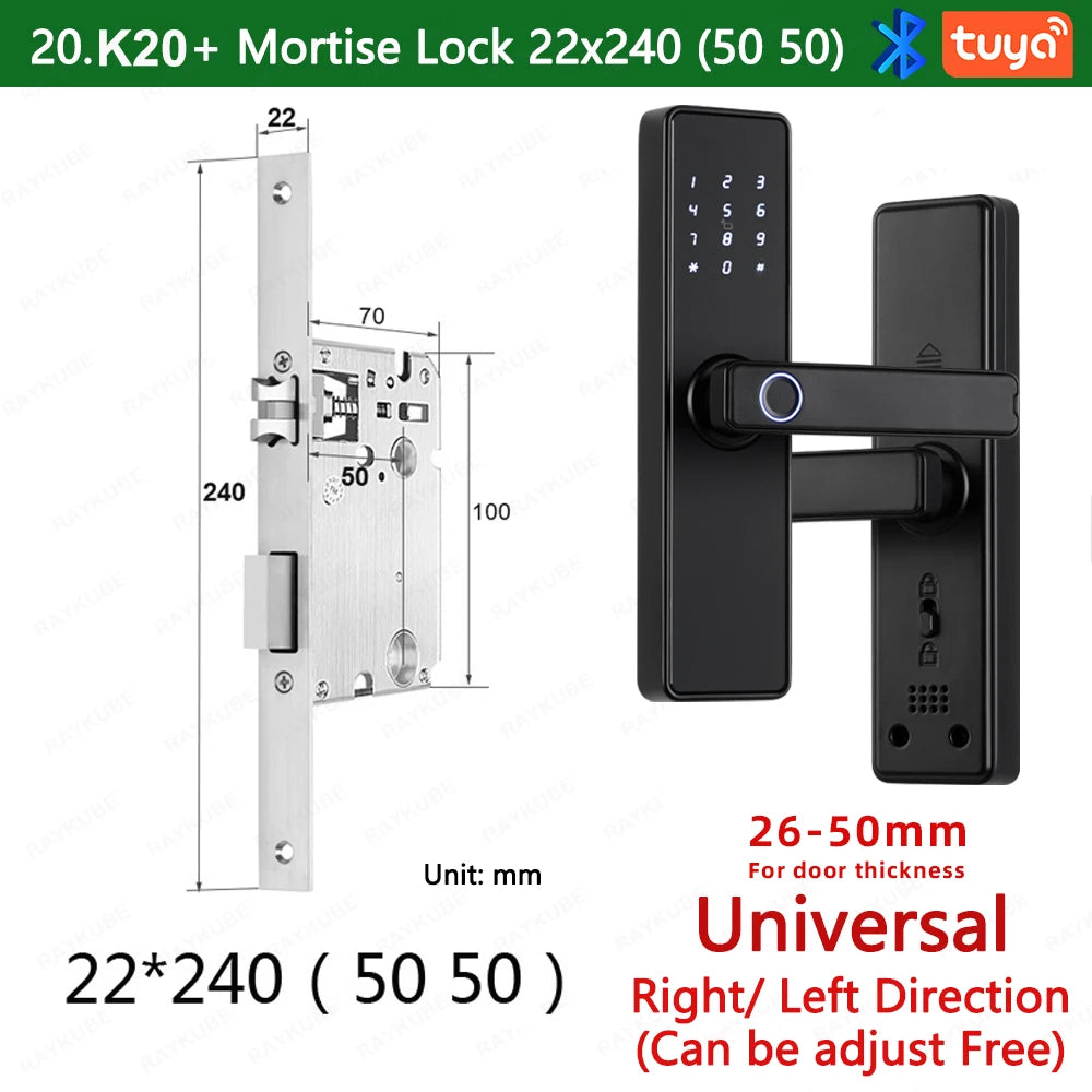 RAYKUBE K20 9-language Biometric Fingerprint Door Lock Electronic Door Lock with  Tuya APP/IC Card/Password/ Key Unlock