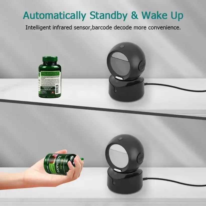 Desktop 2D barcode scanner with rotating head, cradle base, and wired USB cable