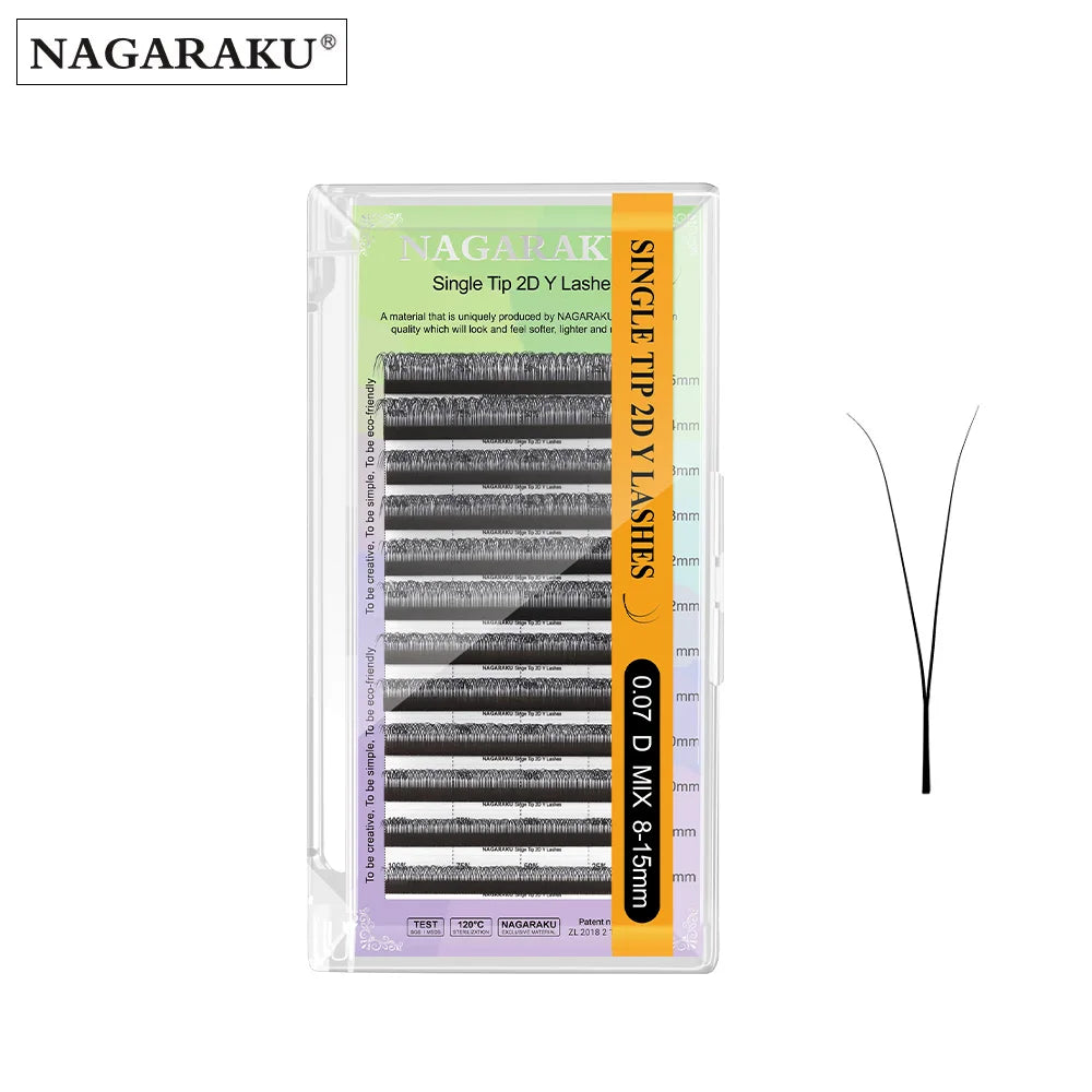 NAGARAKU 0.07mm D-curl 2D YY eyelash extension tray in a clear case with a single Y-shaped lash sample.