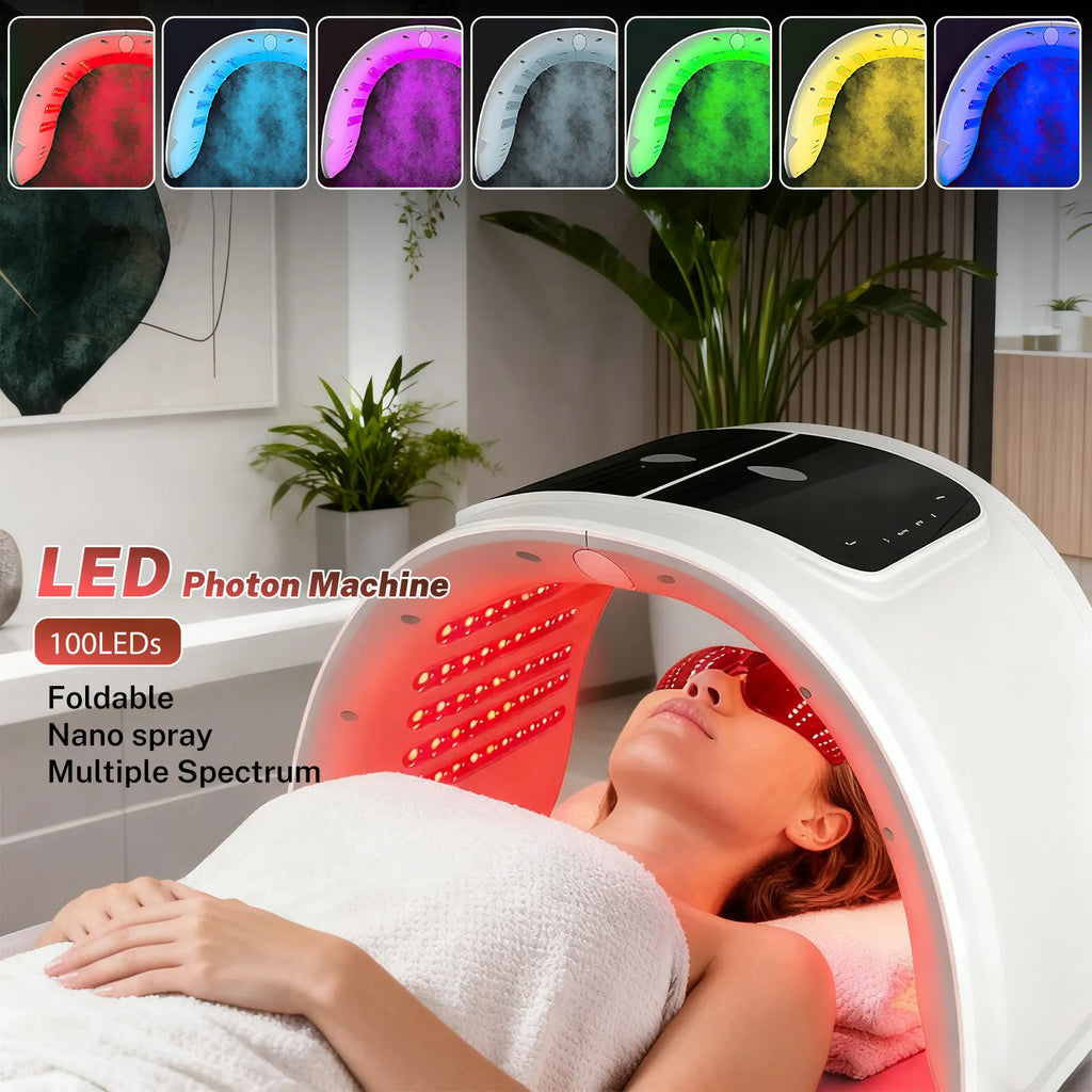 Foldable white LED photon therapy machine with multiple light colors for facial skin care treatments.
