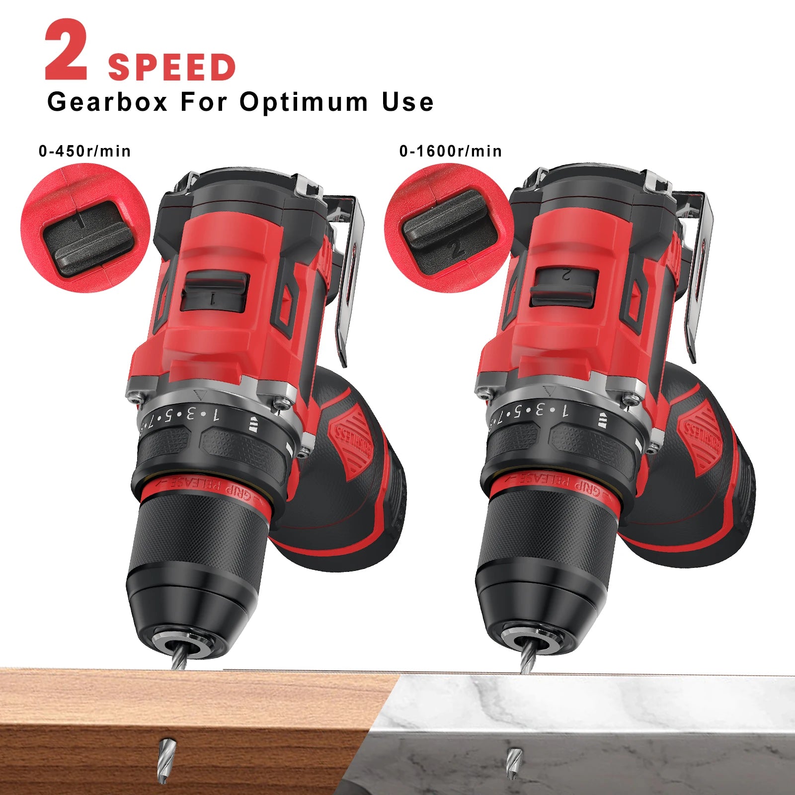 80N.M Brushless Drill 2 Batteries Torque Adjustment 16.8V Impact Drill 3 in 1 Screwdriver 1600Rpm Electric Drill Power Tool