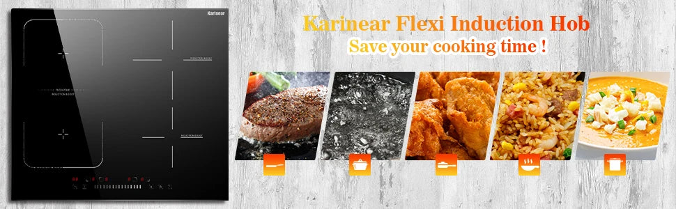 Black induction hob with flex-zone feature panel and cooked meal photos