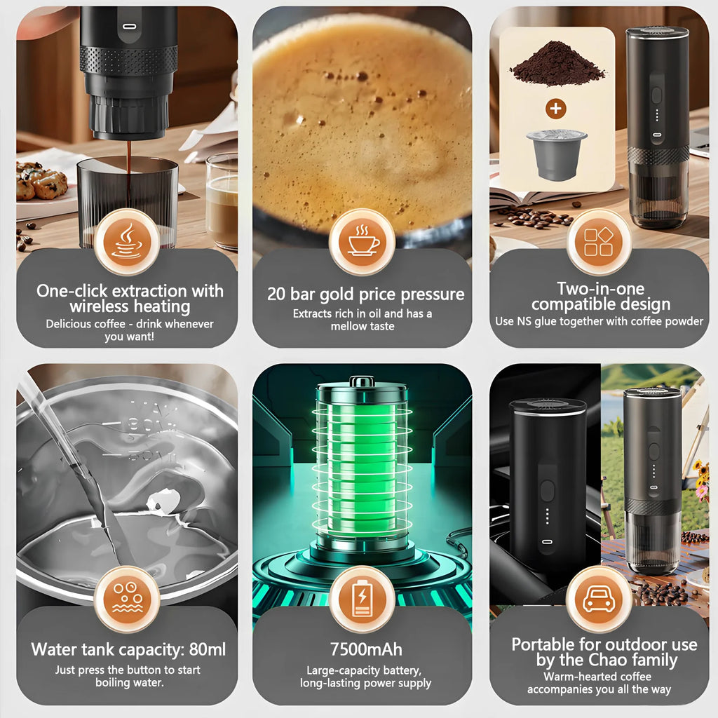 Portable black electric espresso maker with 80ml tank, 7500mAh battery, 20 bar pressure, and coffee pod compatibility.