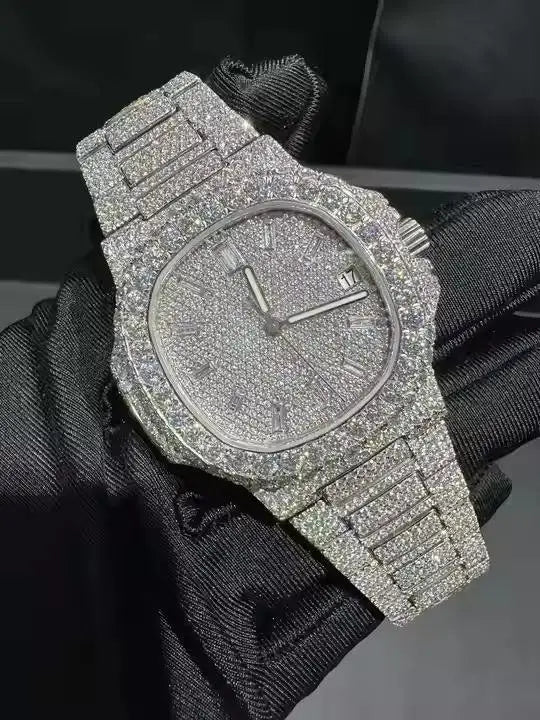 Classic Luxury Fashion Automatic Mechanical ETA Stainless Steel Analog Watch Full Moissanite Diamond Iced Design Simple Elegant