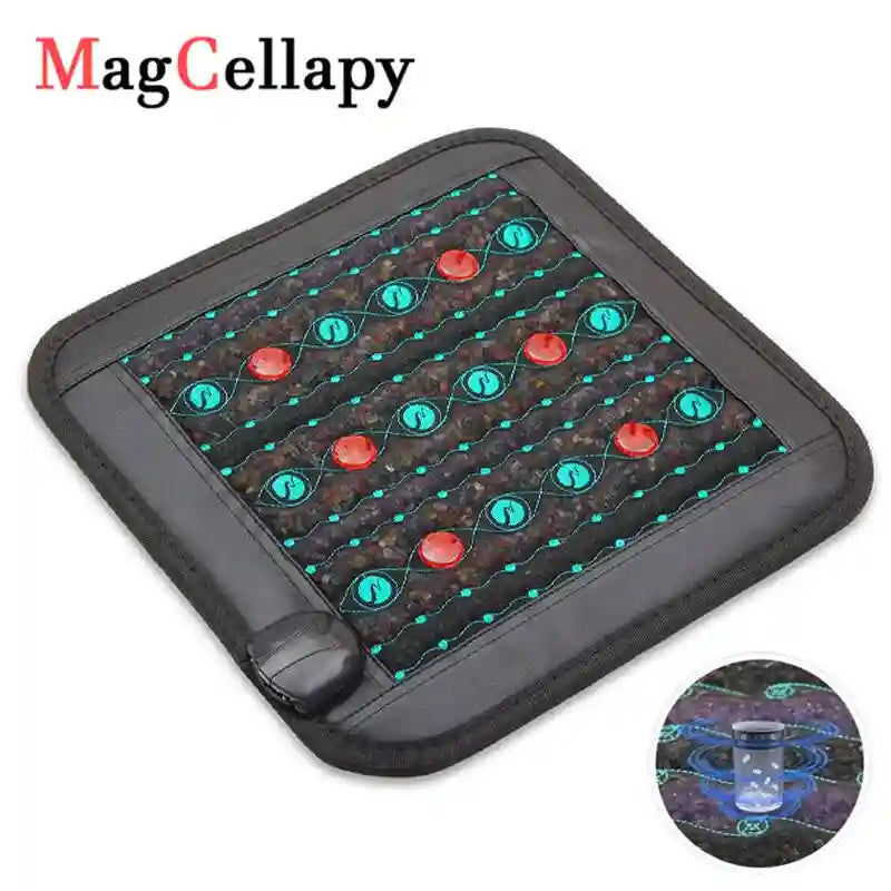 Square black therapy heating pad with red magnetic stones and glowing blue patterns for pain relief and wellness.
