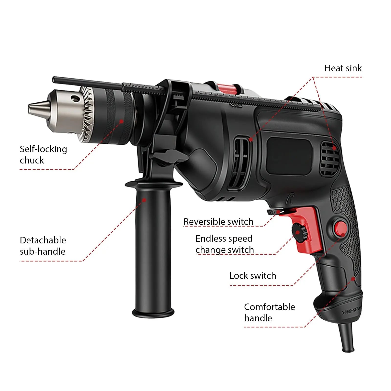 780W Electric Hammer Drill 13mm Variable Speed Corded Impact Drill, Dual Mode Drill Driver for Concrete, Wood, Steel with Auxiliary Handle Hole Drilling Power DIY Tools