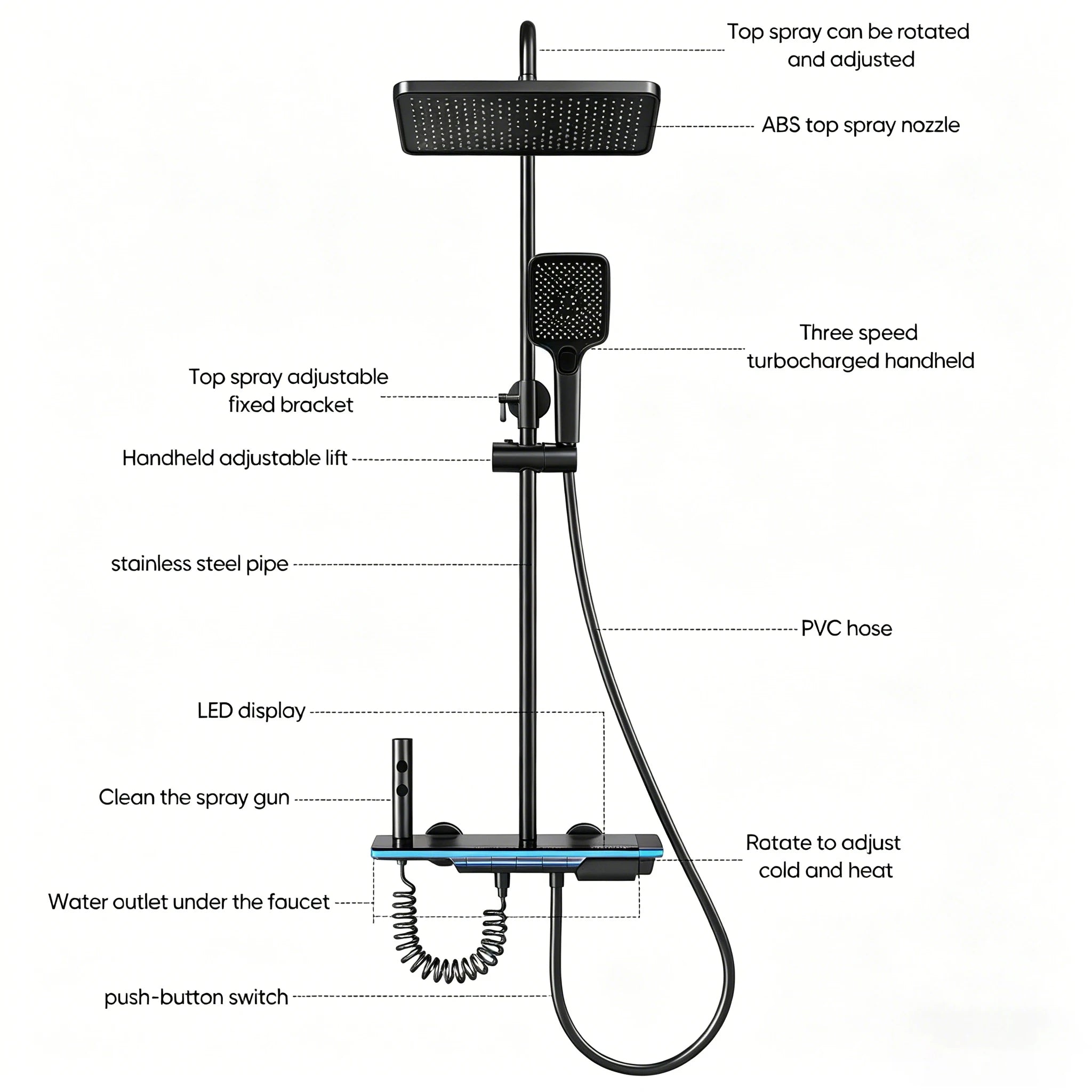 Bathroom Shower System Adjustable Temperature Black Tempered Glass Shower Set Digital Display Ambient Light Copper Mixer Shower