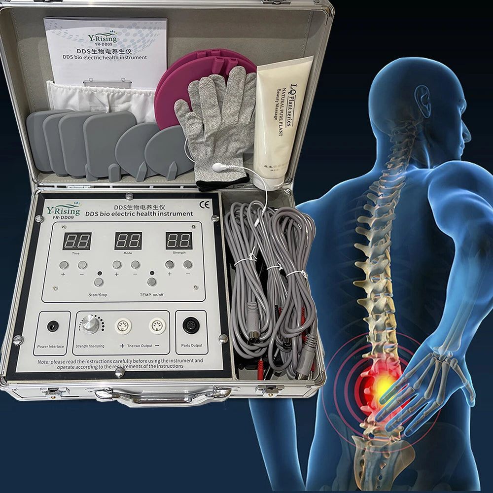 DDS bioelectric therapy device with LED screen, electrodes, and conductive gloves in a silver portable carry case.