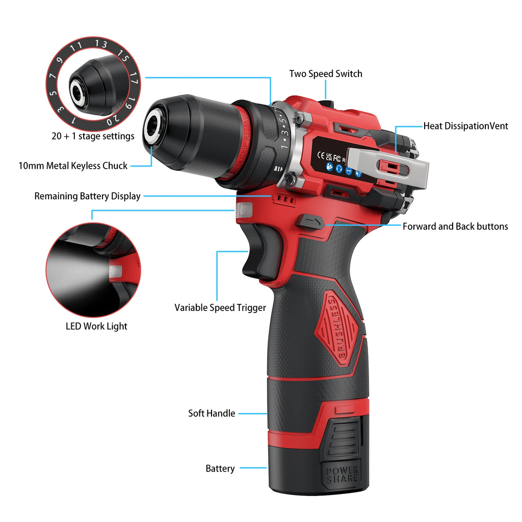 80N.M Brushless Drill 2 Batteries Torque Adjustment 16.8V Impact Drill 3 in 1 Screwdriver 1600Rpm Electric Drill Power Tool