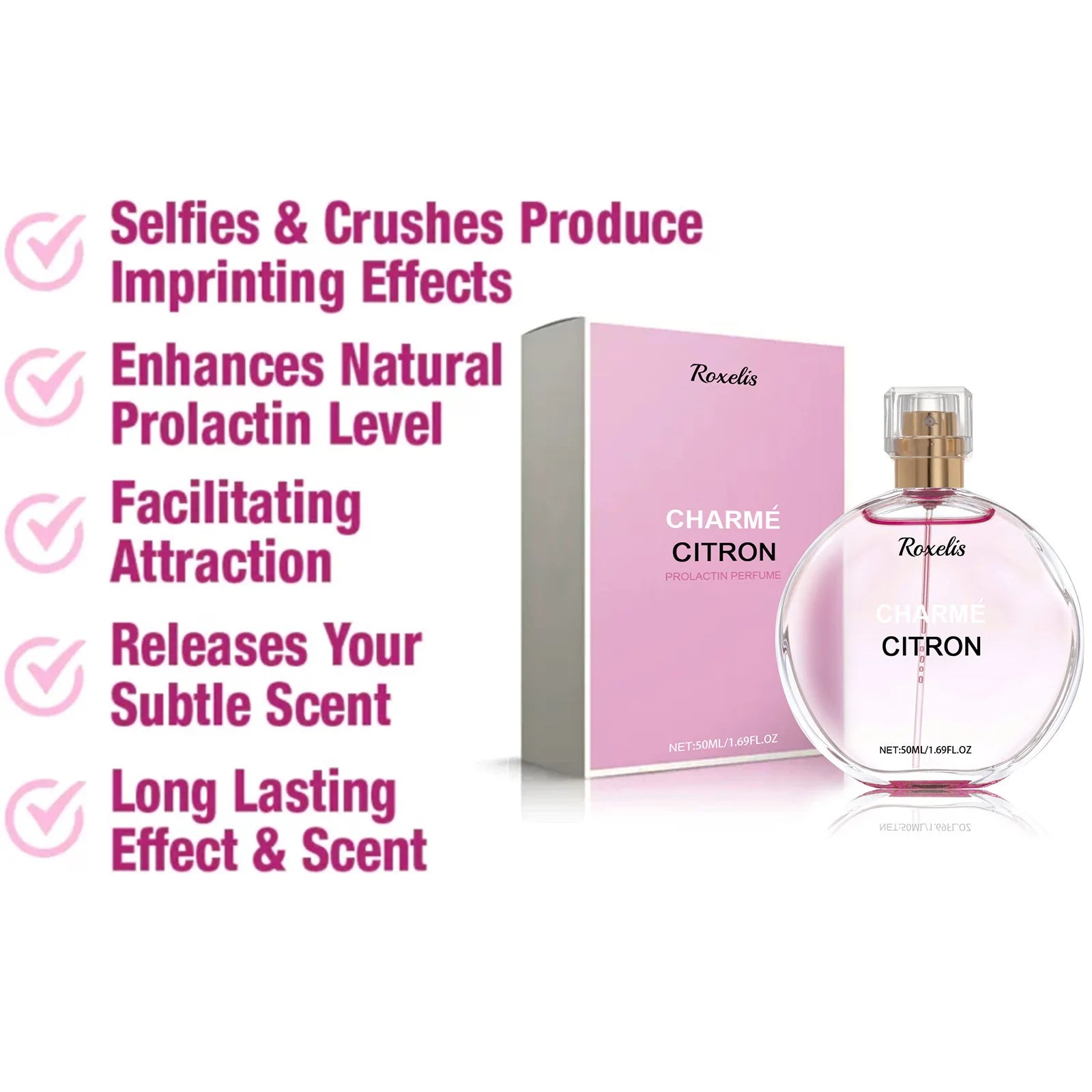 Roxelis Charme Citron 50ml floral pheromone perfume for women. Elegant round bottle, long-lasting fresh citrus scent.