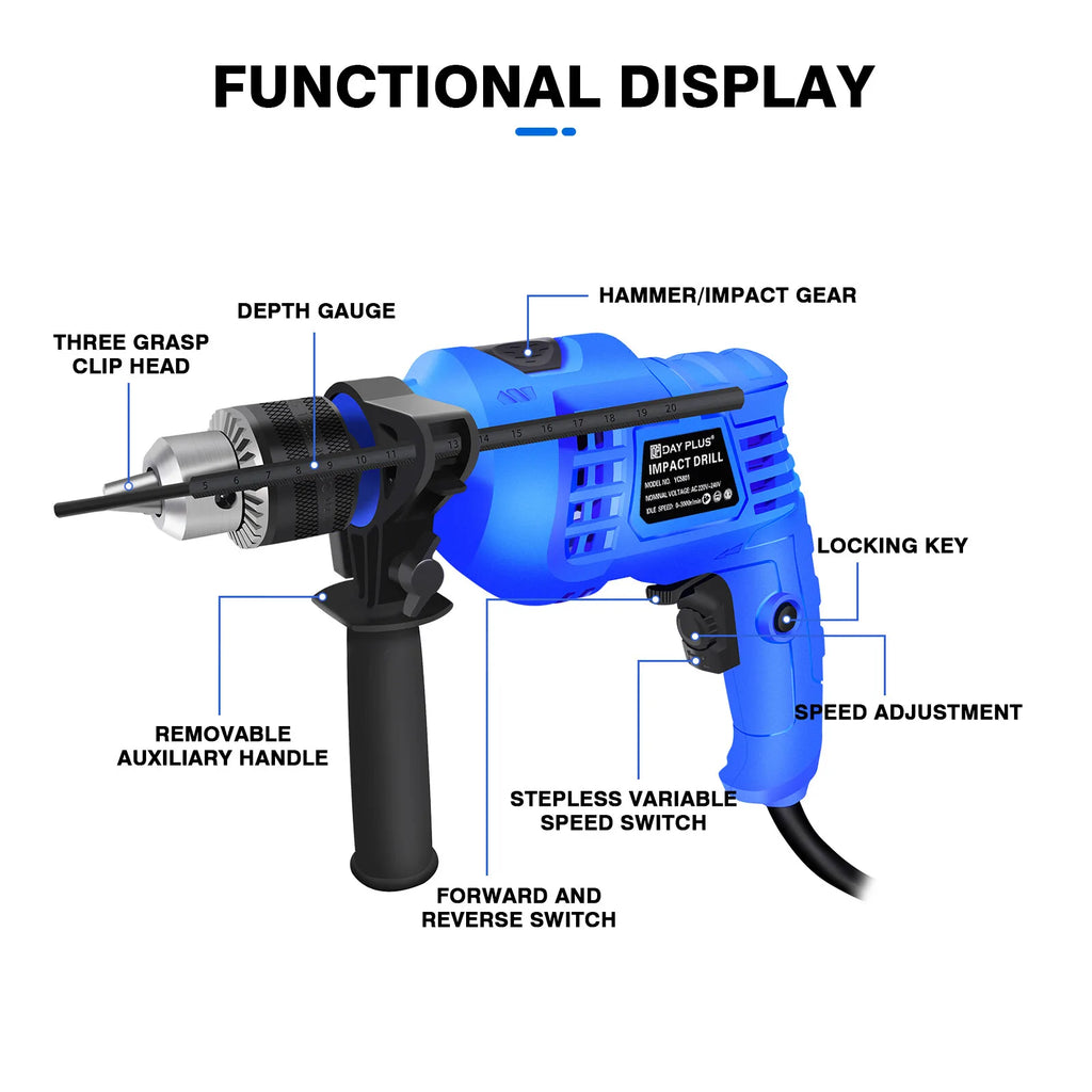 Hammer Drill Tool, 2 in 1 Electric Corded Impact Drill, 850W Corded Electric Impact Drill 3000rpm Variable Speed, for Home, Garden, DIY