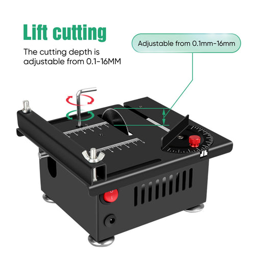 Black mini table saw with adjustable cutting depth scale and red depth control