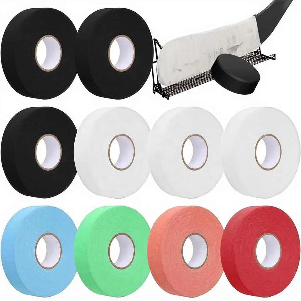 Assorted grip tape rolls in black, white, light blue, green, coral, and red