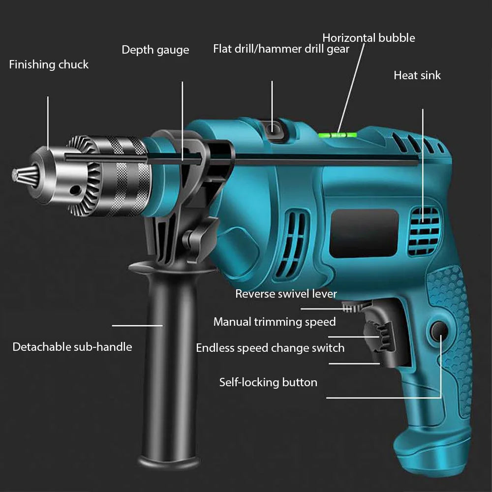 Blue Gun Type Electric Hammer Drill 1500W Load Power 710W Rated Power Variable Speed 1.5-13mm Chuck Multi-function Drilling Polishing Cutting Power Tool