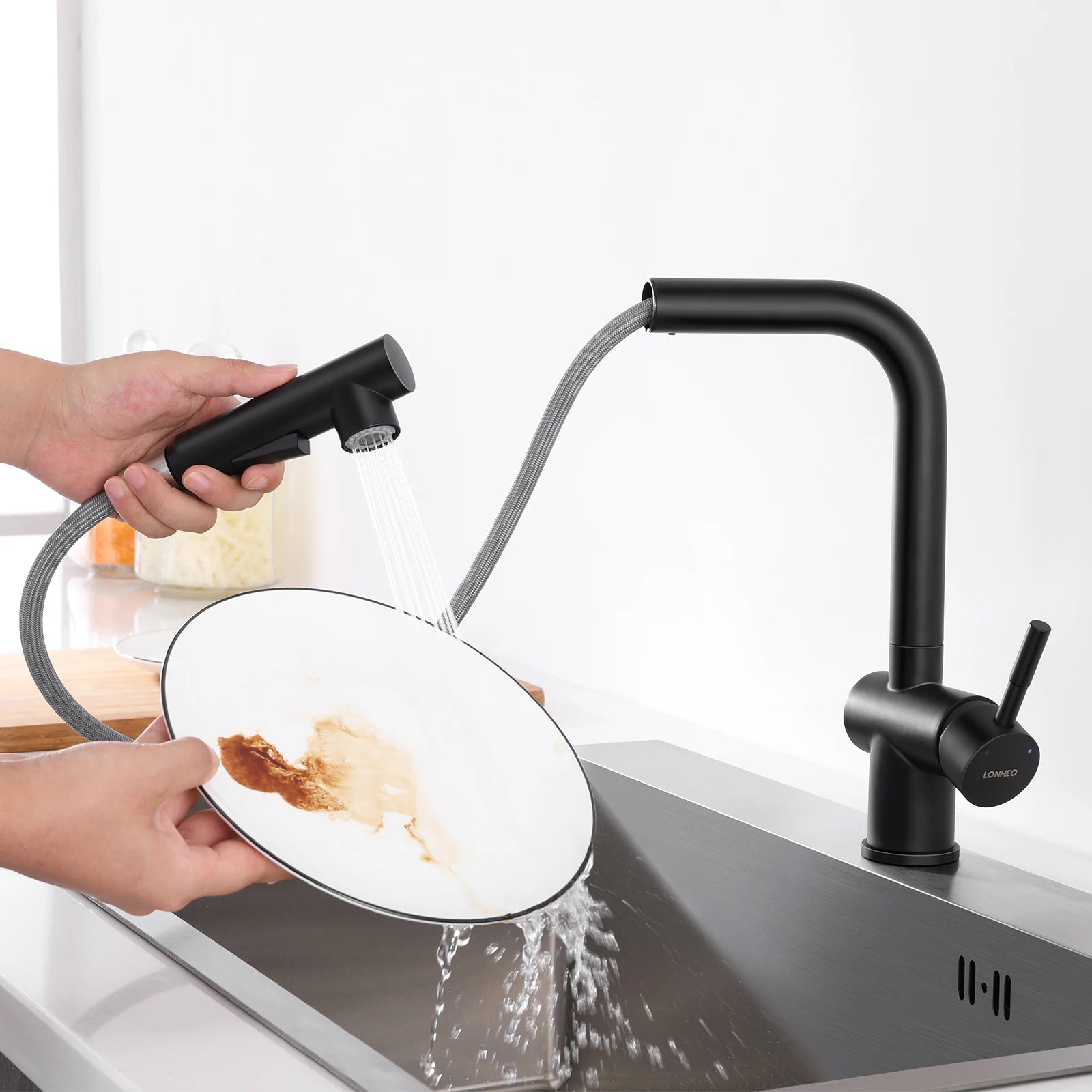 Kitchen Tap Black, L-Shape Pull Down Kitchen Faucet 360 Swivel, 3 Modes Spray Hot Cold Water Mixer, 304 Stainless Steel Sink Mixer, Neoperl PEX Hose, Standard G3/8 Modern Home Laundry Deck Mounted Matte Black Tap