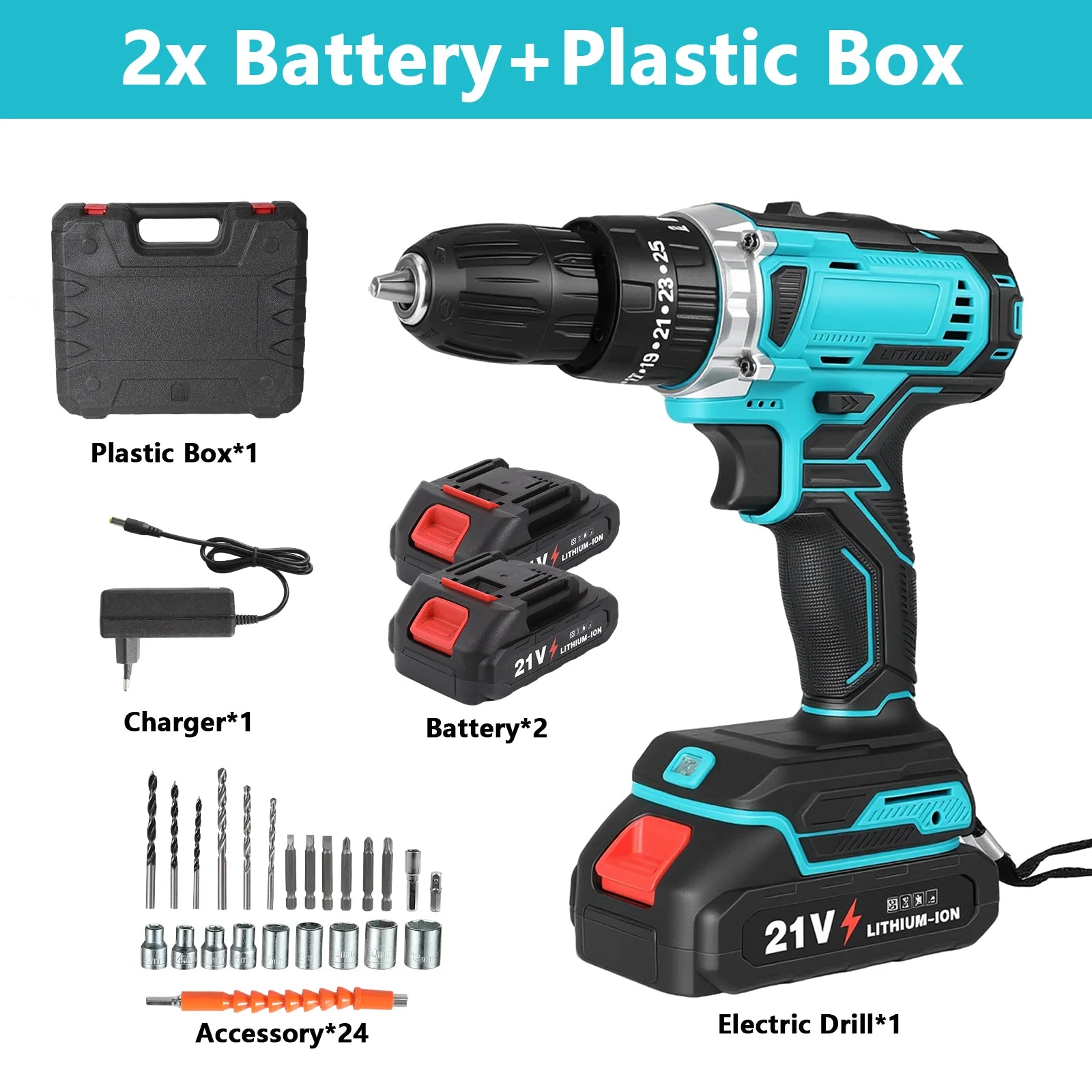 21V Cordless Drill Driver Set 29PCS 35Nm Electric Drill 3/8 Inch Keyless Chuck 25+3 Clutch Variable Speed With 2pcs Batteries