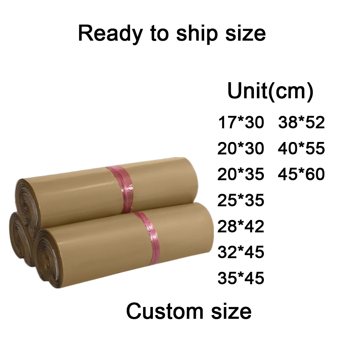 Rolled brown kraft-style plastic polymailer mail bags for clothing shipping