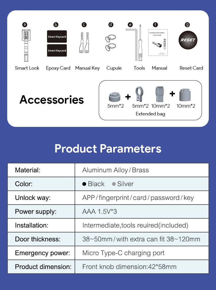 Euro TTLock APP Fingerprint or Code Password Digital RFID Card Cylinder Smart Door Lock Electronic with Alexa Google Home