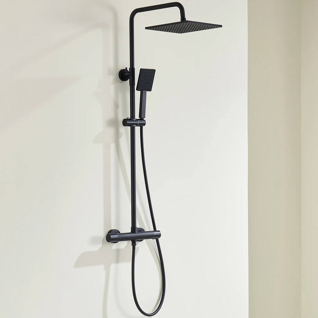 Shower bar with thermostatic mixer tap, anti-scald mixer tap, 25x25 cm shower, adjustable shower bar without drilling, Black