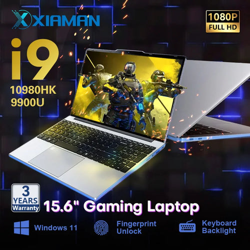 Silver 15.6-inch gaming laptop with slim bezels, black keyboard, large trackpad, and side ports on a blue tech background.