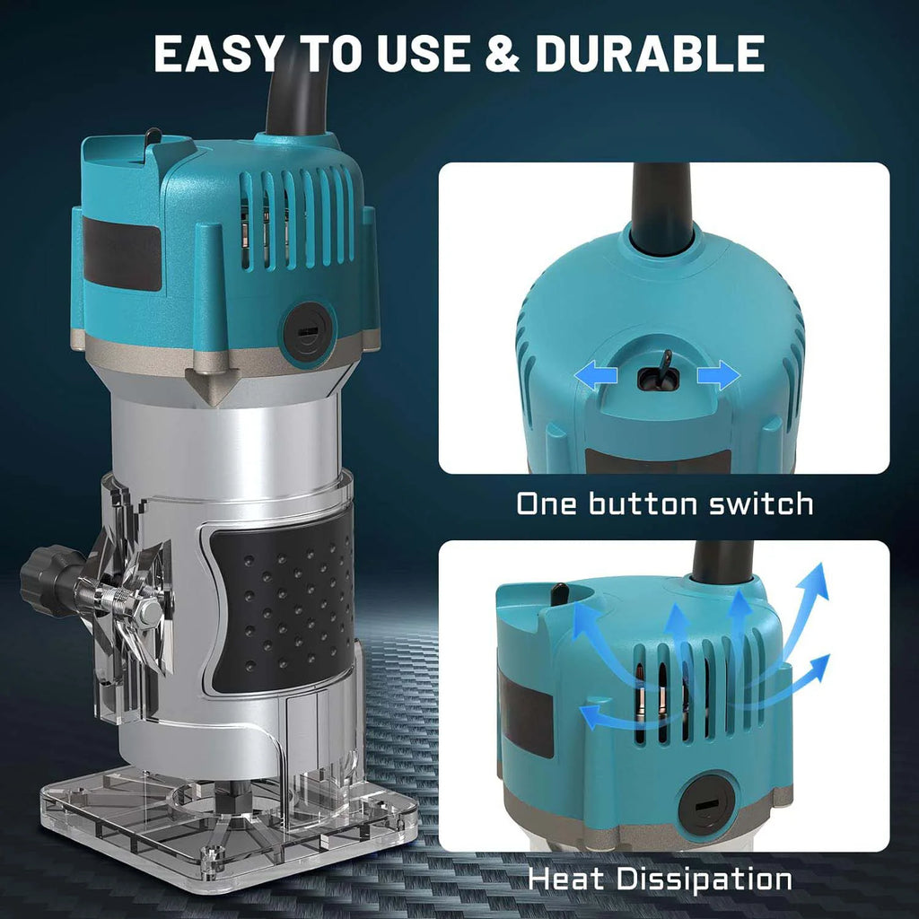 800W Electric Wood Trim Router Handheld Woodworking Edge Trimmer With Router Bit Set Wooden Case Accessories For Carpentry Groove Carving Edge Milling