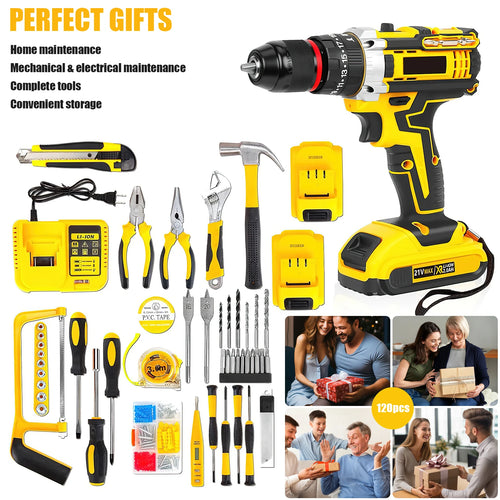 Cordless drill driver kit with yellow case, batteries, charger, and assorted screwdriver tools