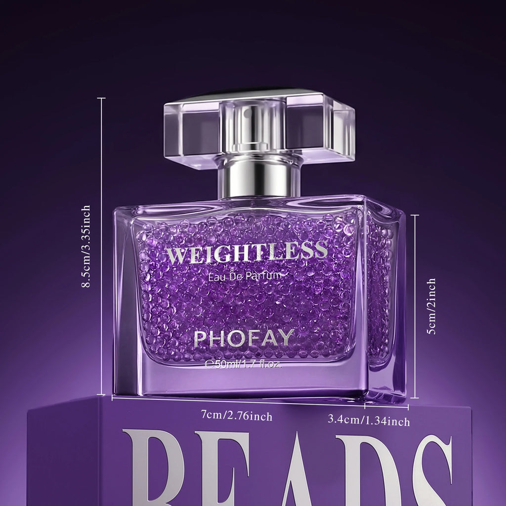 PHOFAY Weightless EDP for women: floral rose, jasmine, vanilla perfume in a rectangular bottle filled with purple beads.