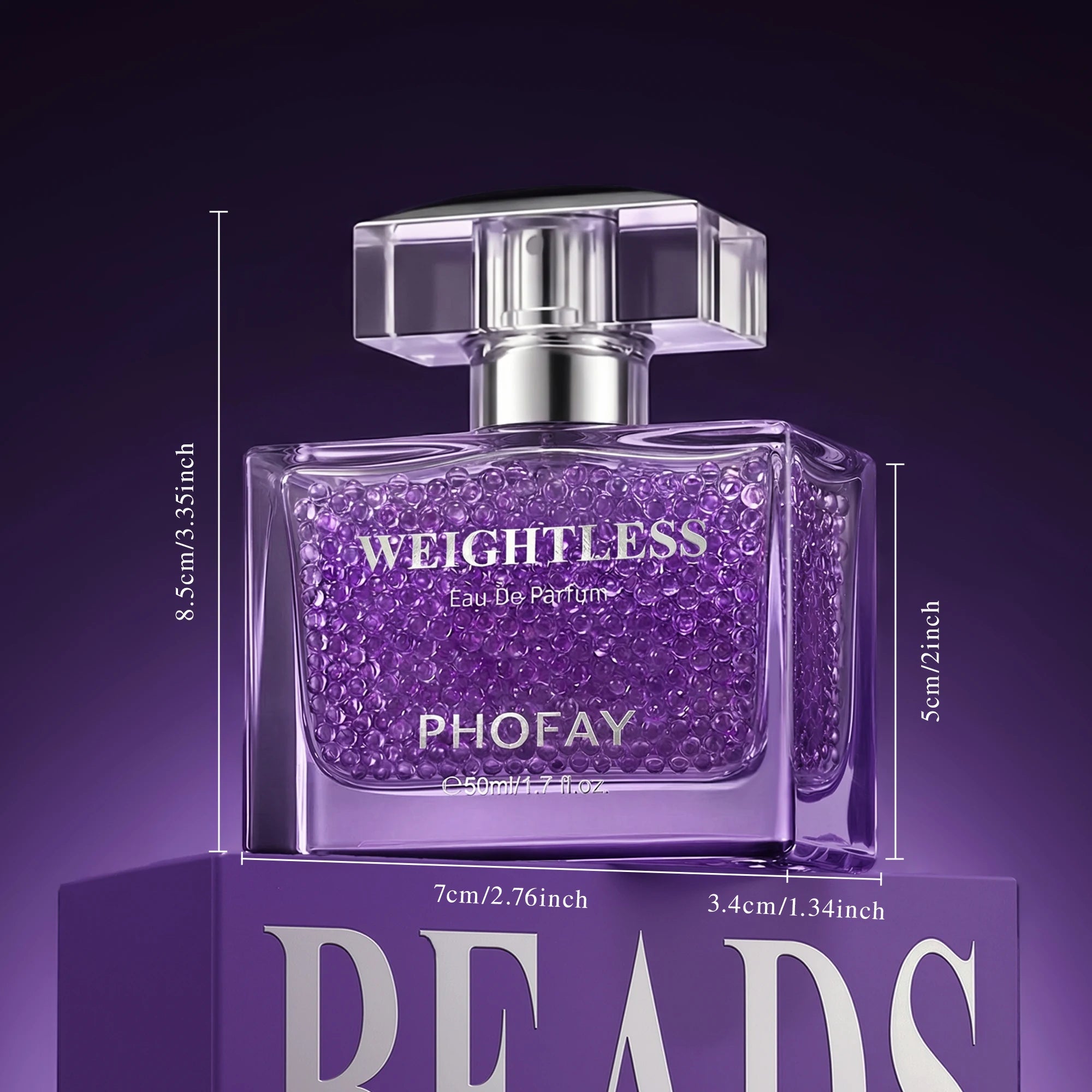 PHOFAY Weightless EDP for women: floral rose, jasmine, vanilla perfume in a rectangular bottle filled with purple beads.