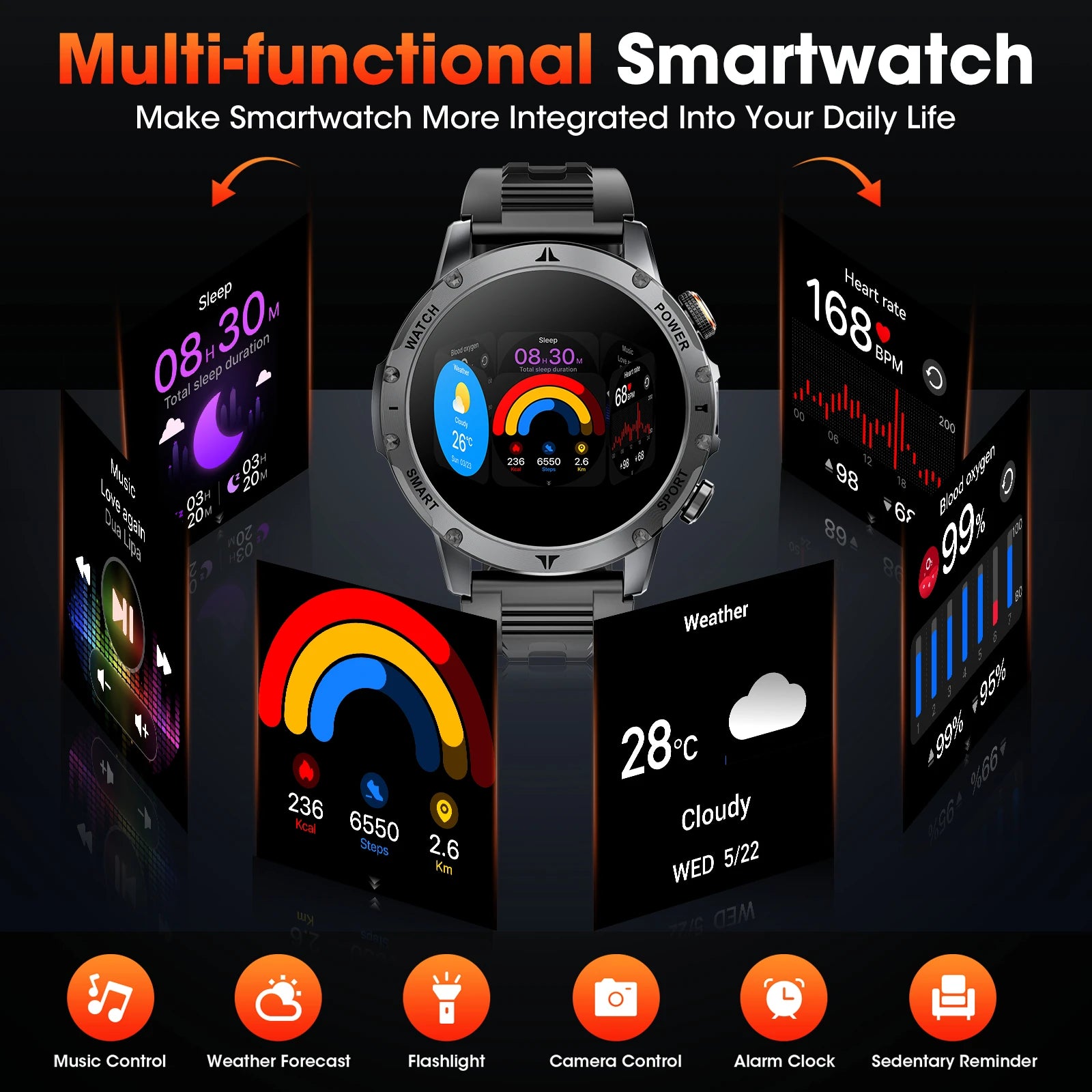 Men Military Smart Watch 1100mAh Large Battery 30 Days Standby Bluetooth Call Flashlight Compass 1.7" TFT HD 360*360 Screen IP68 Waterproof Sports Smartwatch 100+ Sport Modes Heart Rate Sleep Monitor Fitness Tracker For Andro