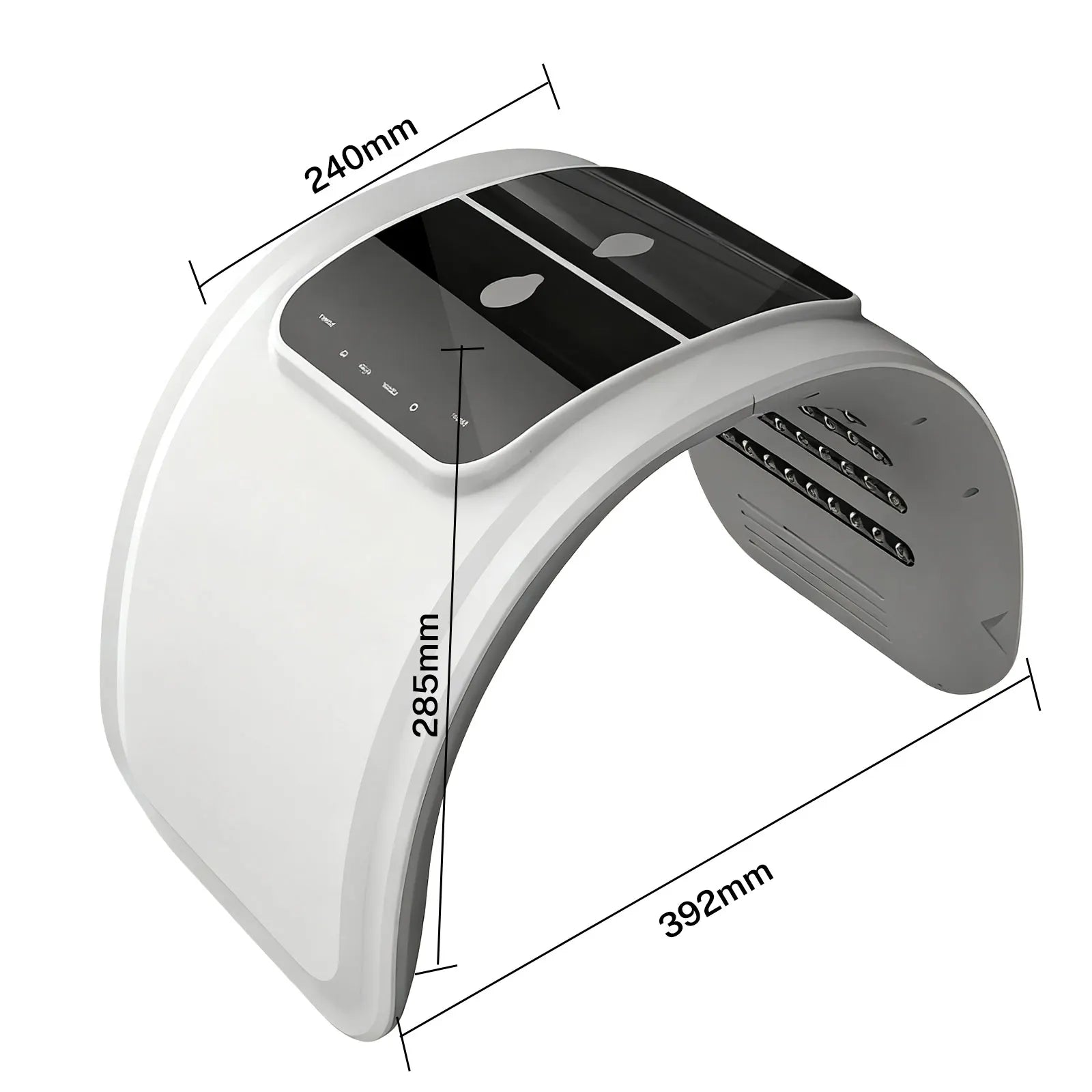 7-color LED PDT facial rejuvenation spa device with dimensions shown, white arched design for home skin care treatment.