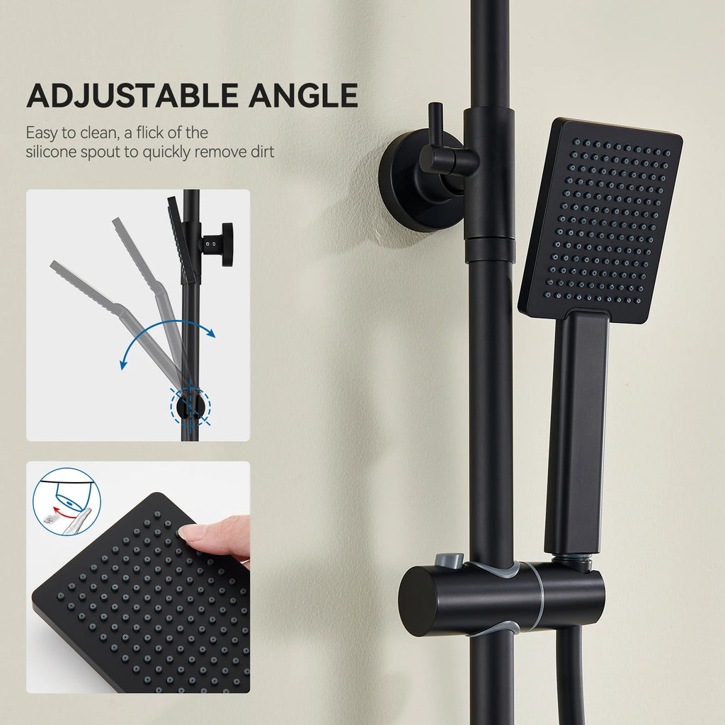 Shower bar with thermostatic mixer tap, anti-scald mixer tap, 25x25 cm shower, adjustable shower bar without drilling, Black