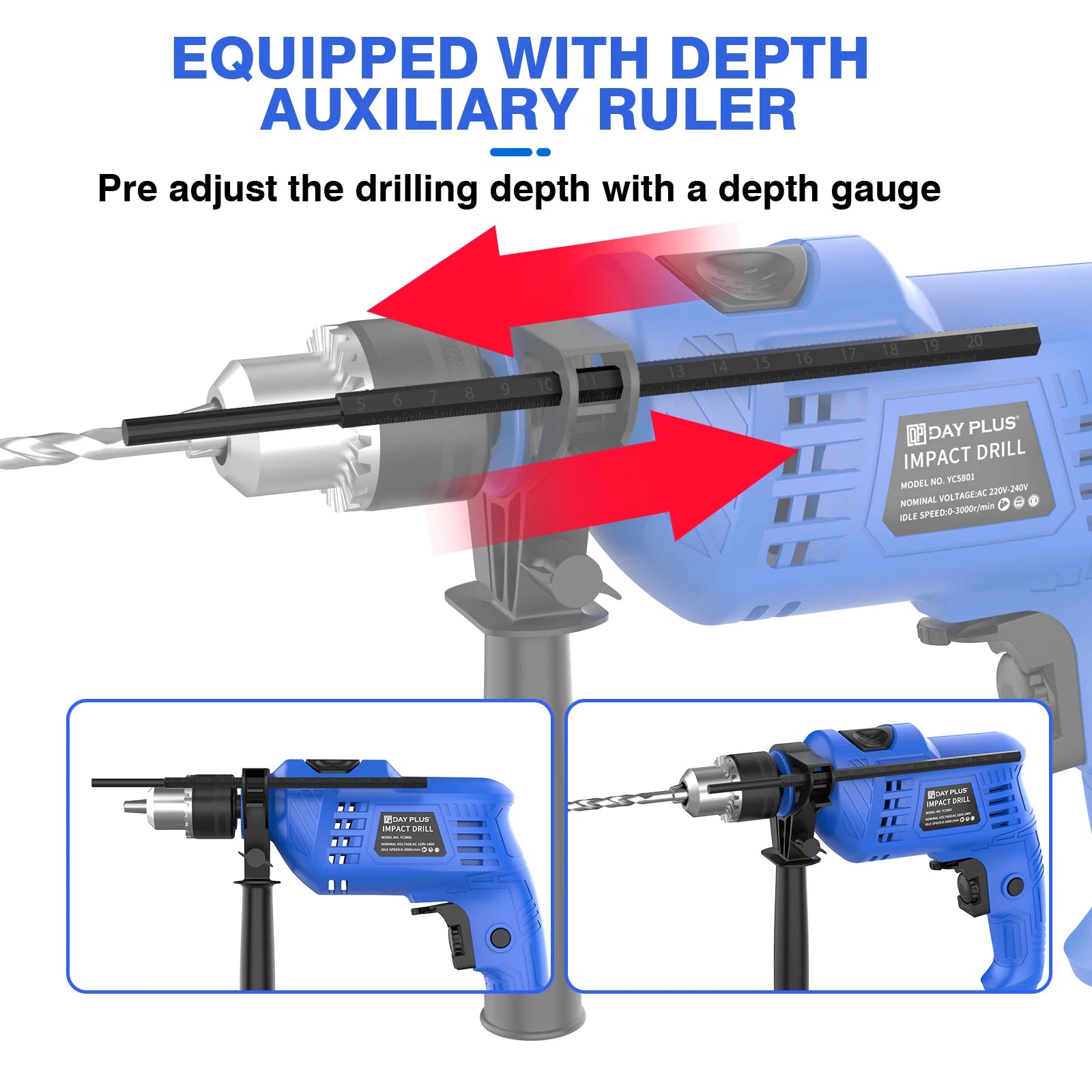 Electric Corded Impact Drill 2-in-1 Function 850W Hammer Drill, 0-3000 RPM Variable Speed Hammer Drill with 360° Rotating Handle, Powerful Drilling for Concrete, Wood, Steel, Stones