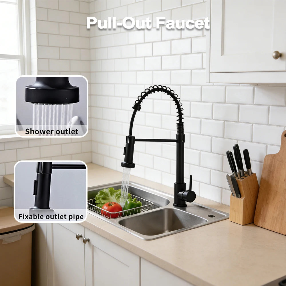 Kitchen Faucets Pull Out Sink Water Tap with Ceramic Valve Hot & Cold Water Different Water Flow Modes Deck Mounted 360° Rotation Fit for Two Sinks
