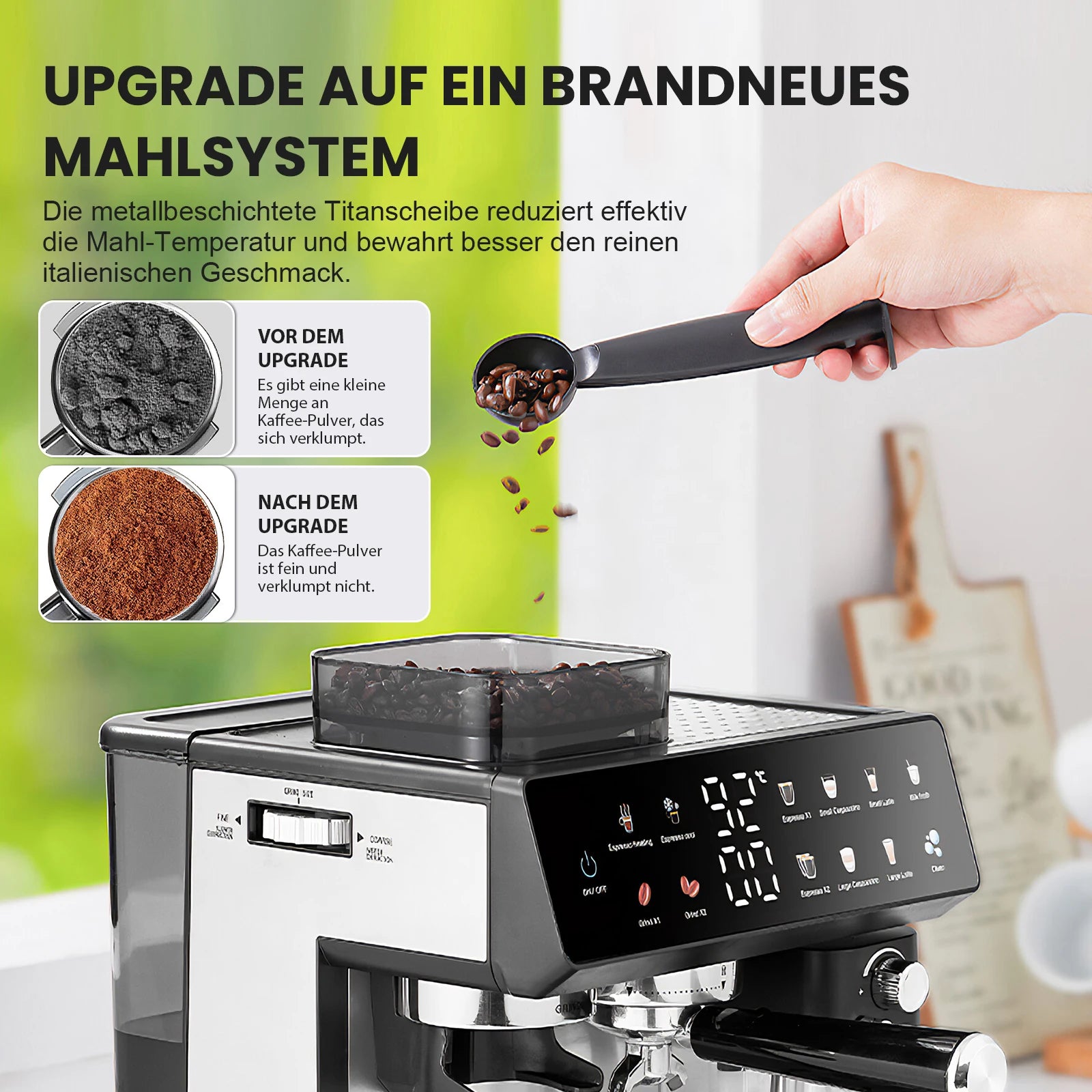 Black espresso machine with titanium-coated grinder and digital display, showing coffee beans being poured into hopper.