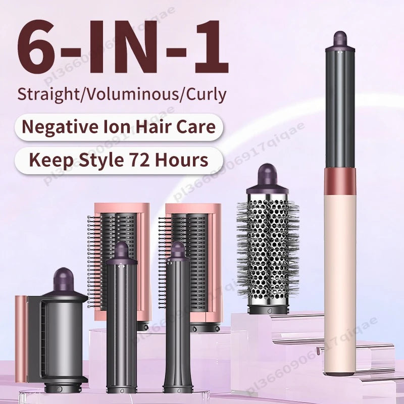 6-in-1 ionic hair styler set, pink metallic finish, high-speed blow dryer with versatile curling and brush attachments.