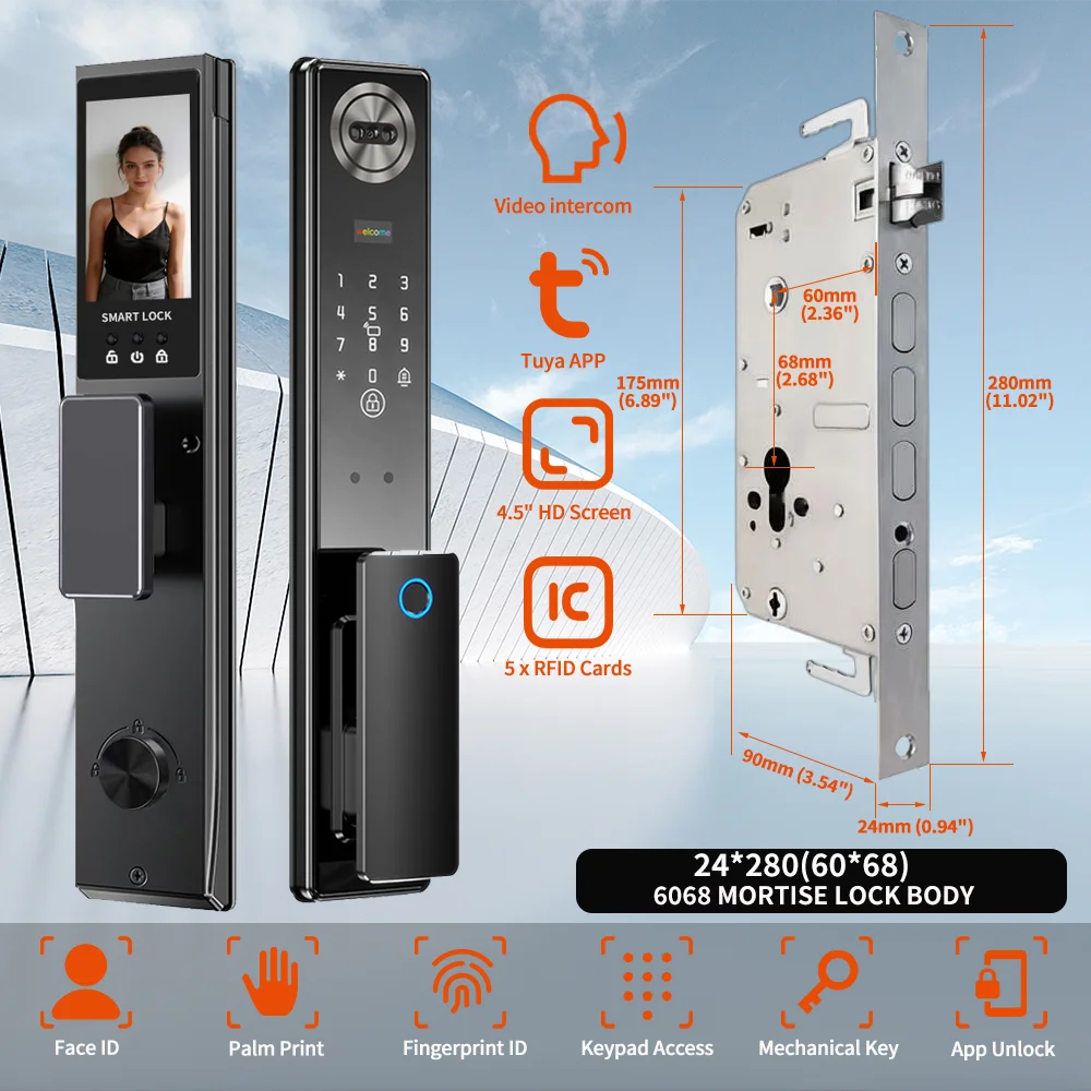 Tuya App Face Recognition Smart Door Lock with WiFi, Camera, and Voice Intercom