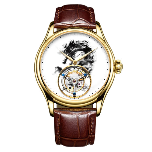Classic Design 7011 luxury men's watch: gold case, brown leather strap, white dial with dragon art and tourbillon.