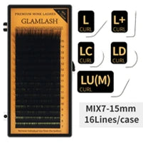 Black synthetic mink lash extension tray with 16 rows of assorted 7-15mm lengths and various curl types.