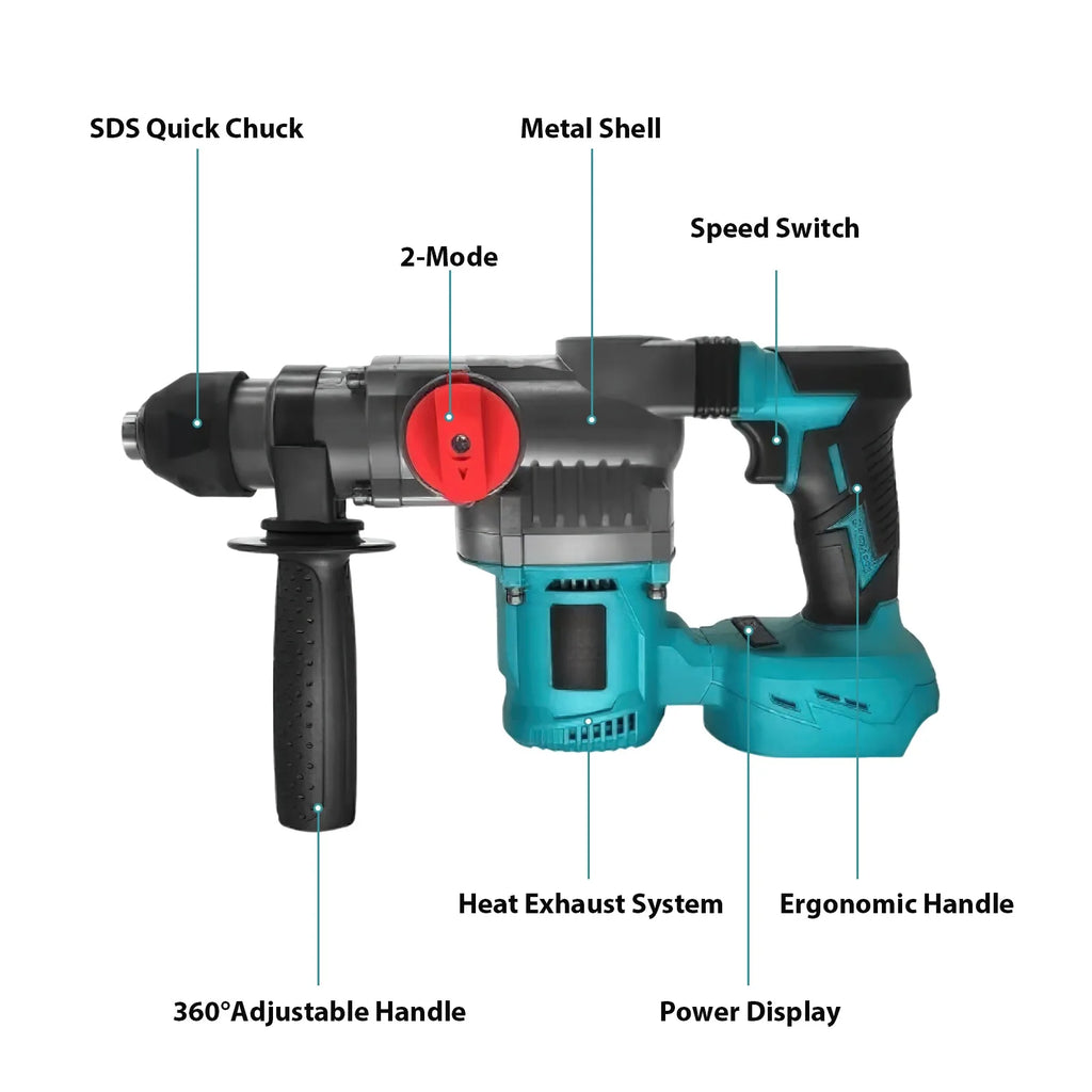 Brushless Electric Hammer Drill Multi-function Rotating Power Screwdriver 26MM Wireless Hammer Drill Tool Compatible with Makita 21V Battery