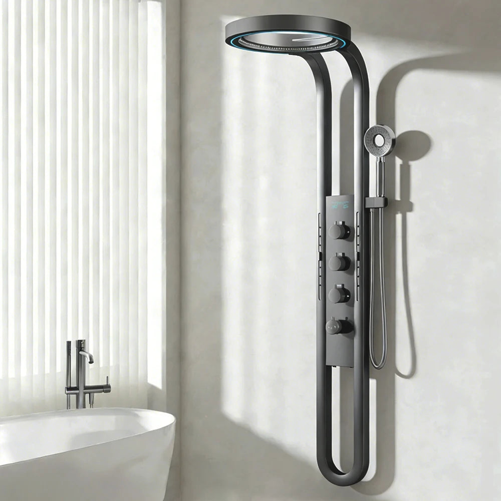 Wall Mounted Light Shower Faucet Panel LED Digital Display Shower Faucet Set Shower Screen Waterfall Bathroom Shower System Set