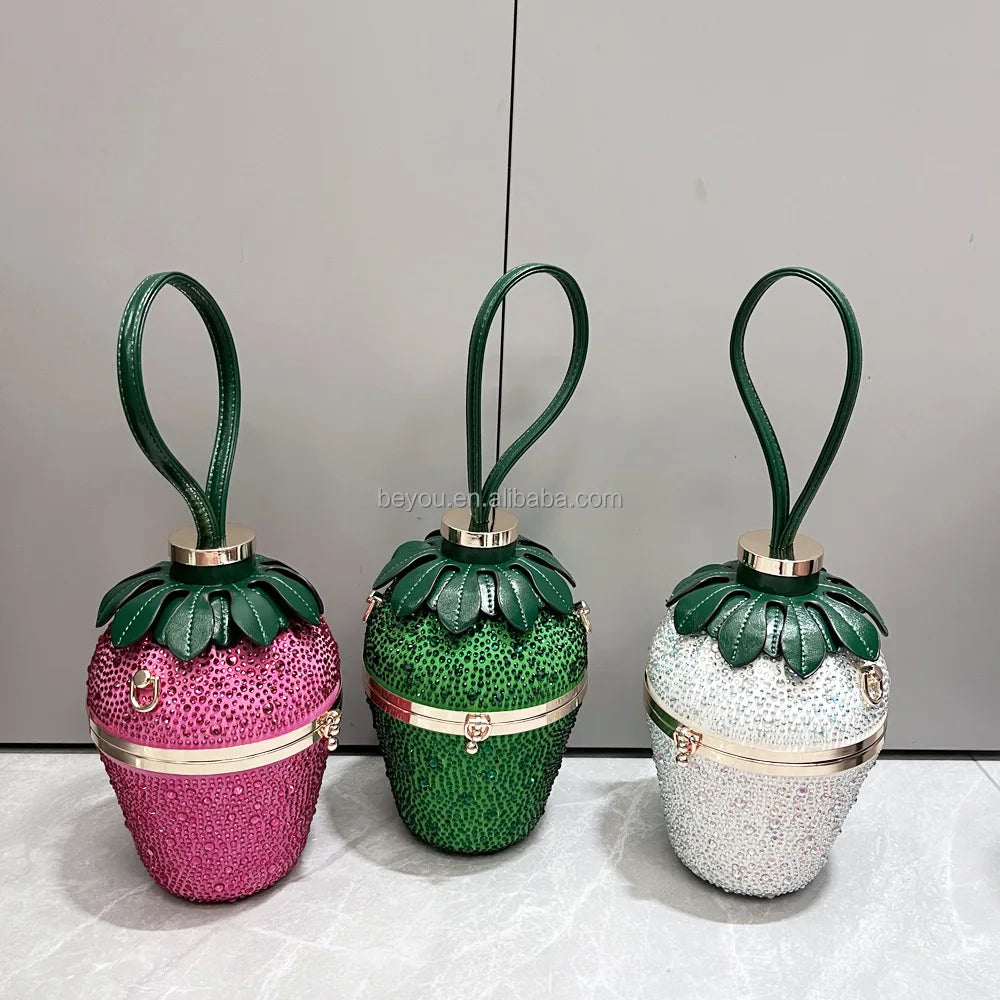 Pink Green Woman Evening Clutch Bag Rhinestone Strawberry Purse Luxury Designer Handle Shoulder Bucket Handbag Wedding Banquet