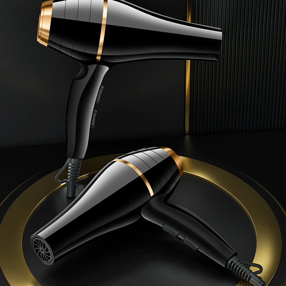 Professional 1800W black and gold ionic hair dryer for fast, quiet salon-style drying with hot and cold settings.
