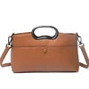 Tan PU leather designer handbag with black circular top handles, detachable shoulder strap, and minimalist style.